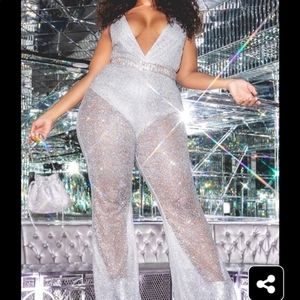 COPY - Plus Silver Glitter Mesh Plunge Jumpsuit